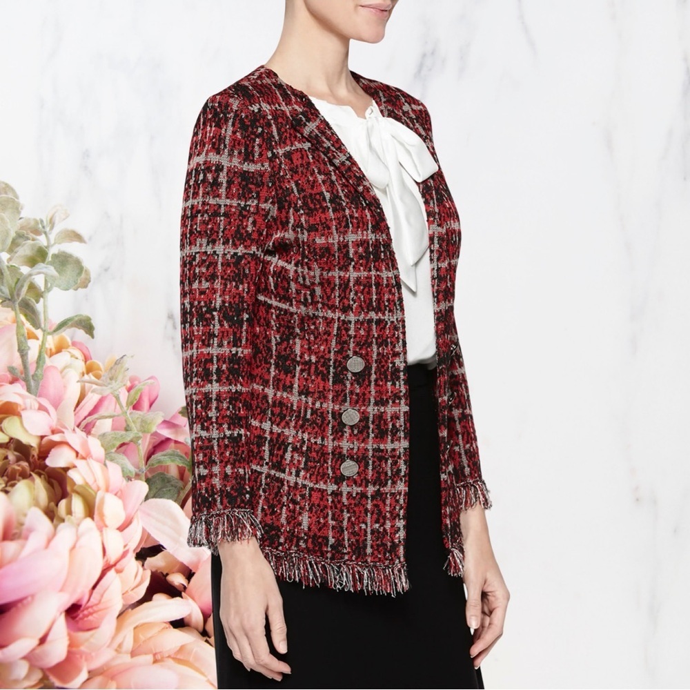Misook Tweed Textured Plaid Jacket with Fringe Trim - Picture 3 of 12